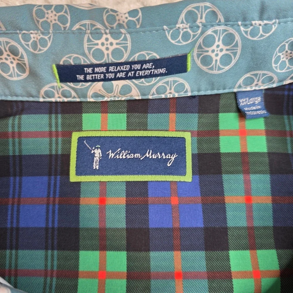 William Murray Golf Mens XXL Blue Movie Film Reel Print Short Sleeve Button Down